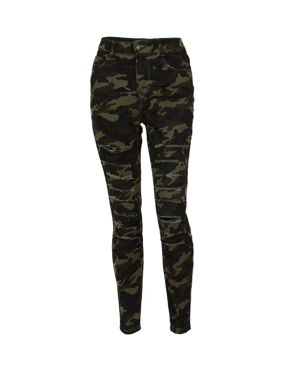 Camouflage Print Fringe Hem Cutout Jeans