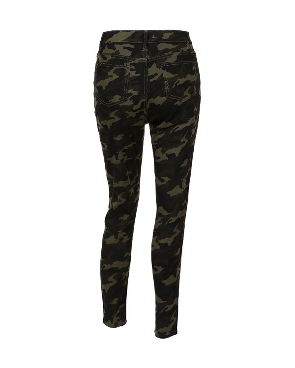 Camouflage Print Fringe Hem Cutout Jeans