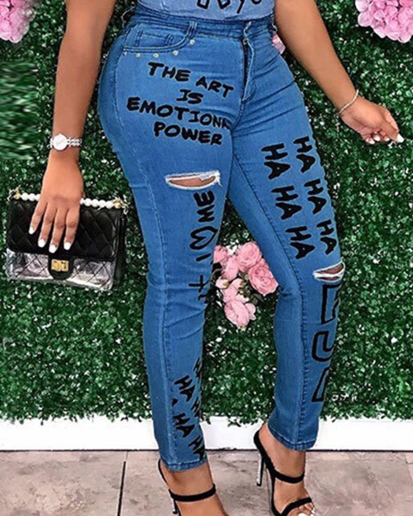 Letter Print Cutout Ripped Skinny Jeans