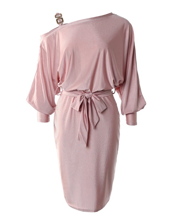 Chain Strap Cold Shoulder Belted Bodycon Dress