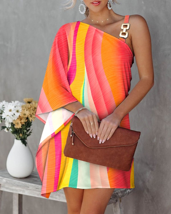 Colorblock Chain Strap Asymmetrical Neck Casual Dress