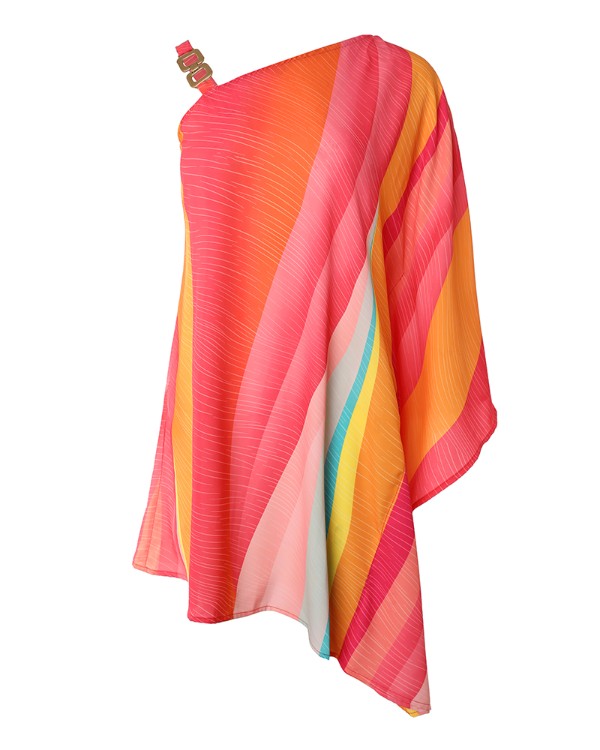 Colorblock Chain Strap Asymmetrical Neck Casual Dress
