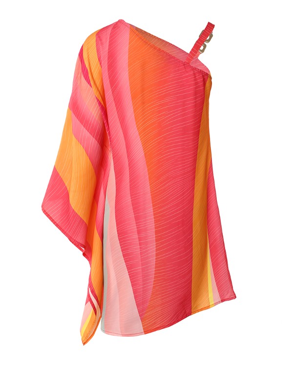 Colorblock Chain Strap Asymmetrical Neck Casual Dress
