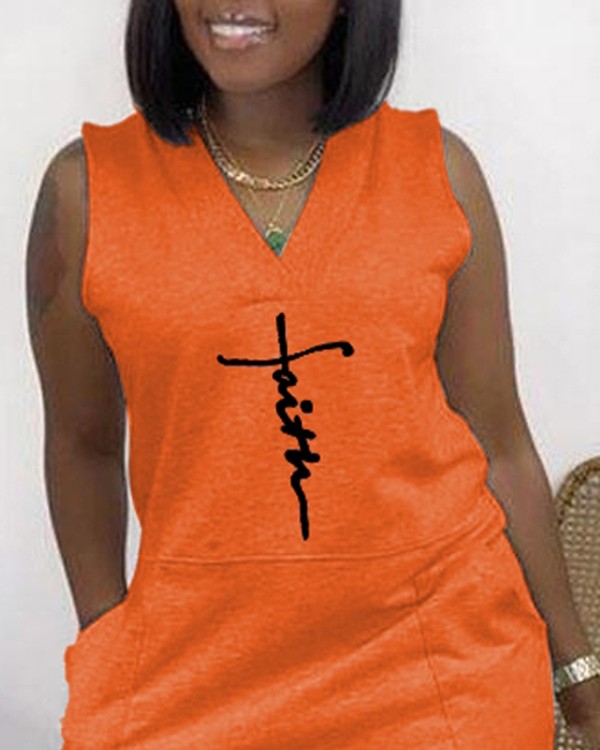 Faith Print Pocket Design Sleeveless Jumpsuit