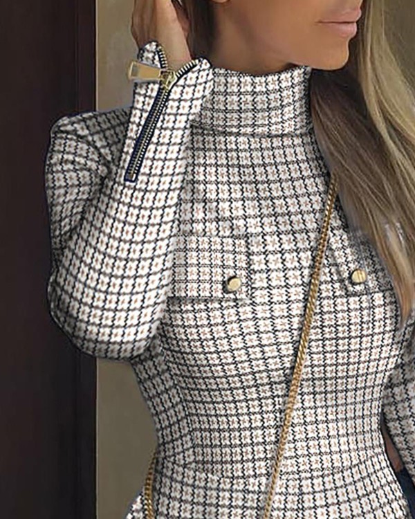 Plaid Zipper Pocket Design Long Sleeve Dress