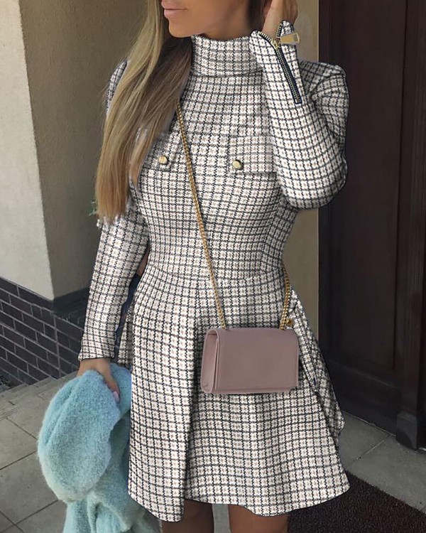 Plaid Zipper Pocket Design Long Sleeve Dress
