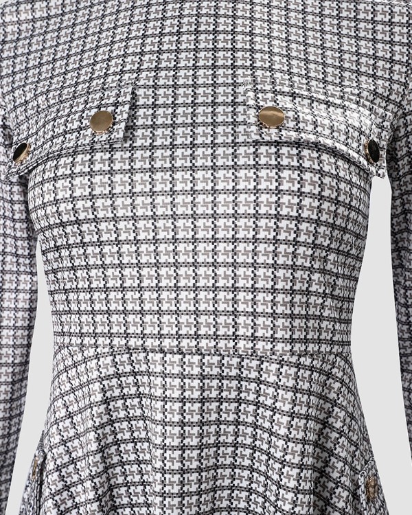 Plaid Zipper Pocket Design Long Sleeve Dress