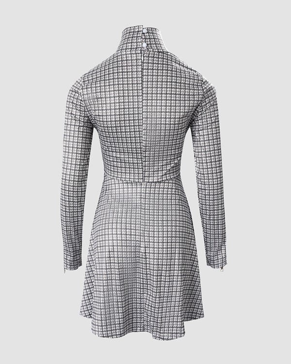 Plaid Zipper Pocket Design Long Sleeve Dress