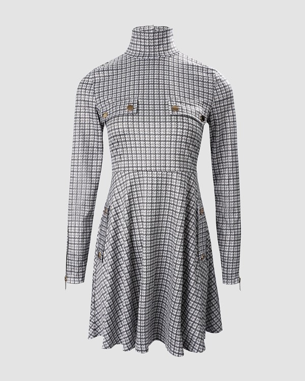 Plaid Zipper Pocket Design Long Sleeve Dress