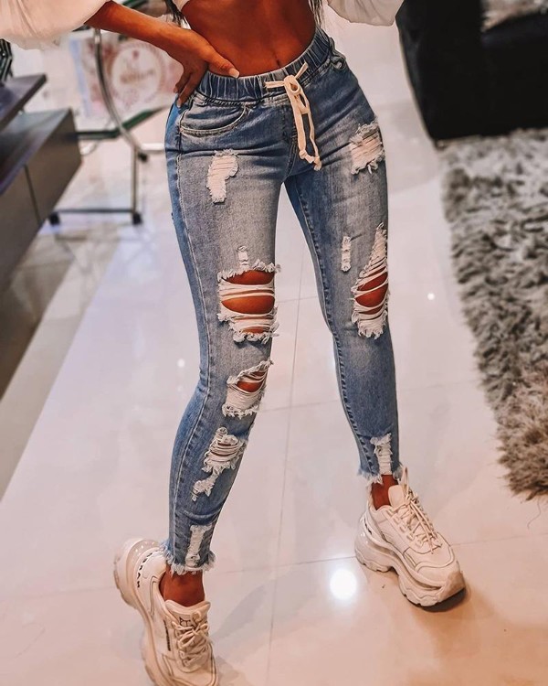 High Waist Cutout Ripped Skinny Jeans