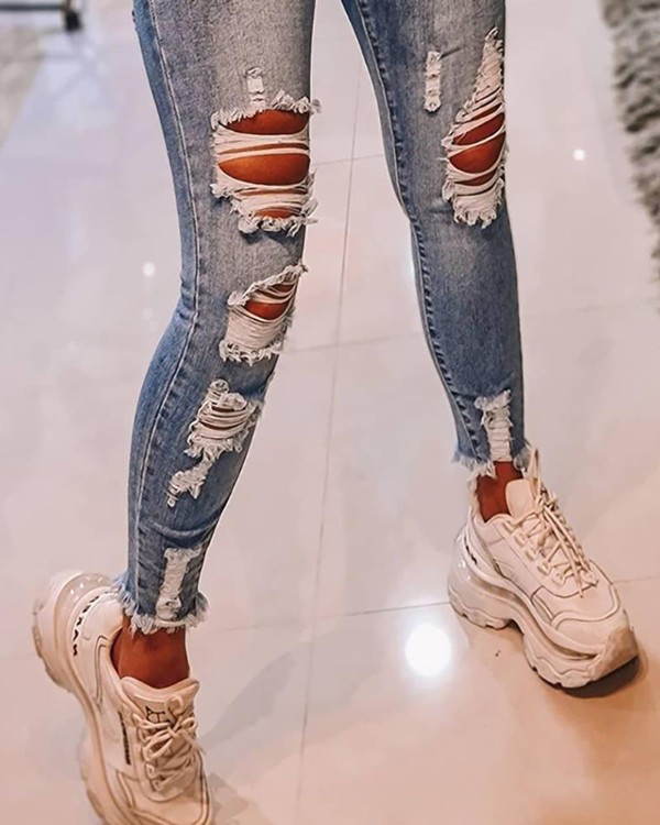 High Waist Cutout Ripped Skinny Jeans