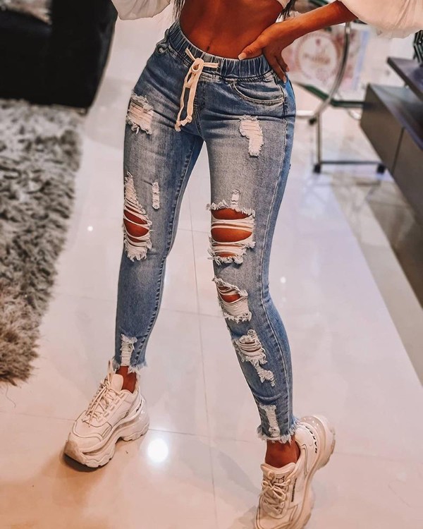 High Waist Cutout Ripped Skinny Jeans