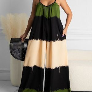 Colorblock Pocket Design Ruched Wide Leg Jumpsuit