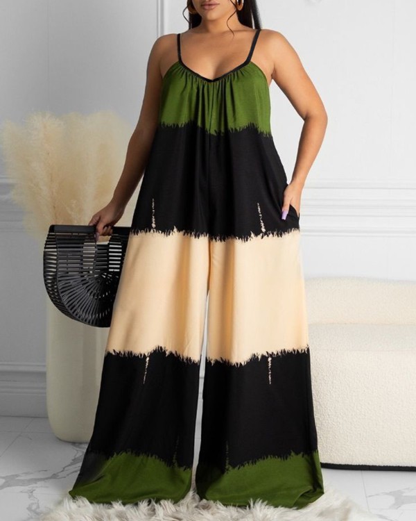 Colorblock Pocket Design Ruched Wide Leg Jumpsuit
