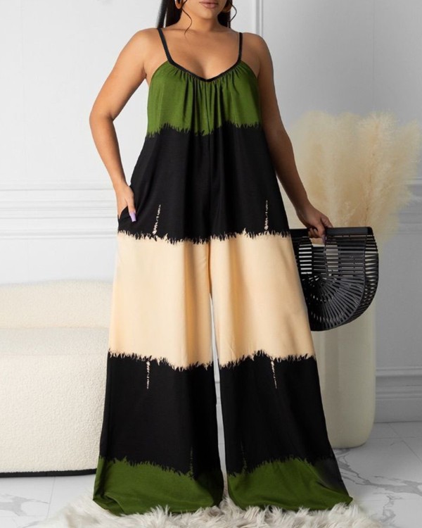 Colorblock Pocket Design Ruched Wide Leg Jumpsuit