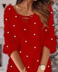 Beaded Decor V-Neck Fluffy Casual Dress