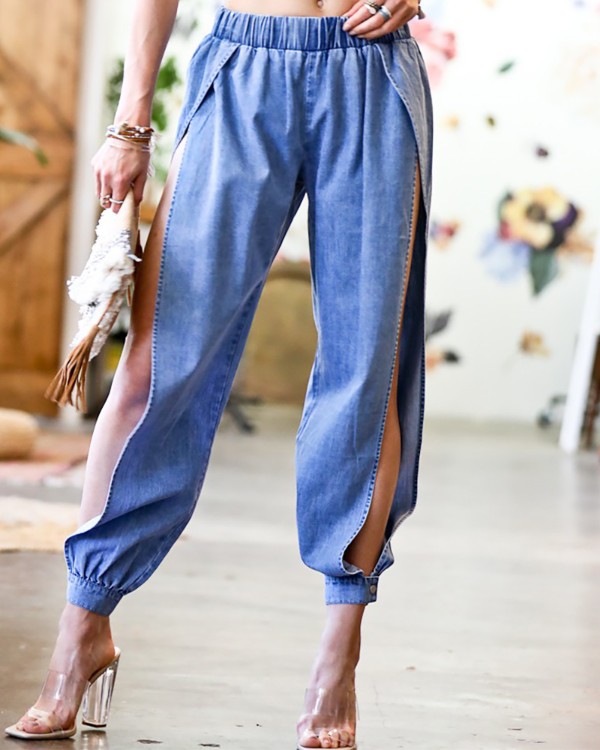 Button Design High Waist Slit Leg Jeans