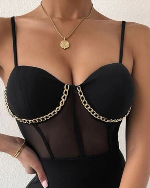 Chain Decor Sheer Mesh Corset Dress