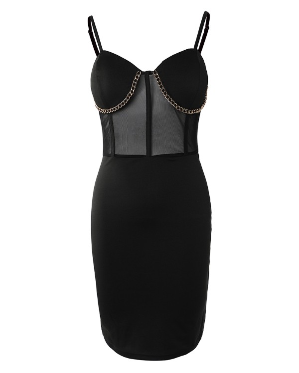 Chain Decor Sheer Mesh Corset Dress