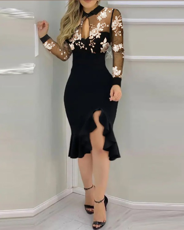 Floral Pattern Contrast Sequins Slit Ruffles Dress
