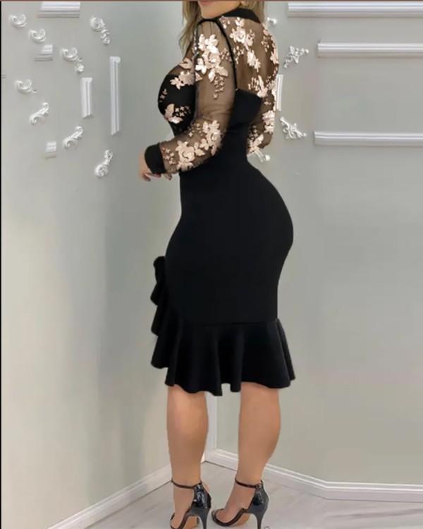 Floral Pattern Contrast Sequins Slit Ruffles Dress