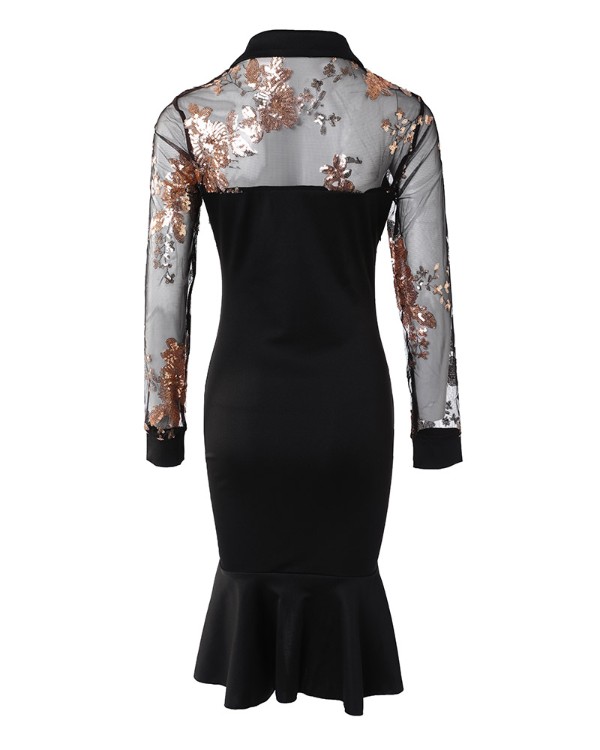 Floral Pattern Contrast Sequins Slit Ruffles Dress