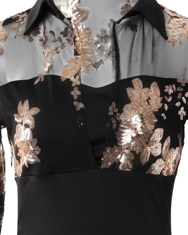Floral Pattern Contrast Sequins Slit Ruffles Dress