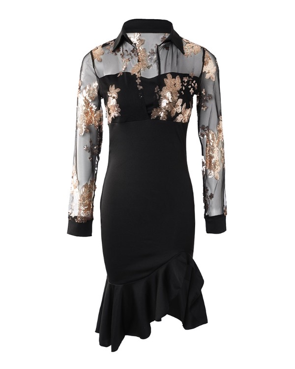 Floral Pattern Contrast Sequins Slit Ruffles Dress