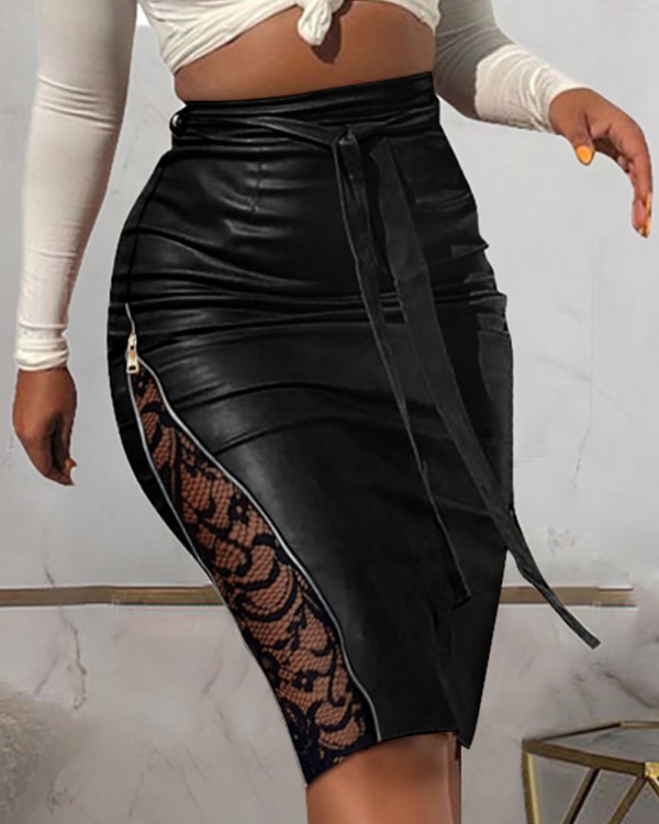 Contrast Lace Zipper Detail Belted PU Leather Skirt