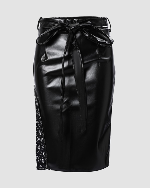 Contrast Lace Zipper Detail Belted PU Leather Skirt