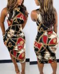 Chain Scarf Print Sleeveless Ruched Bodycon Dress