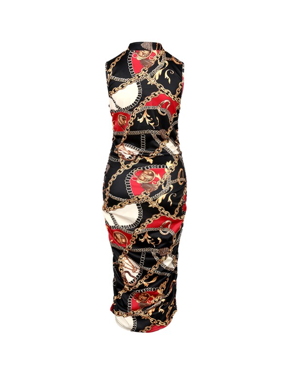 Chain Scarf Print Sleeveless Ruched Bodycon Dress