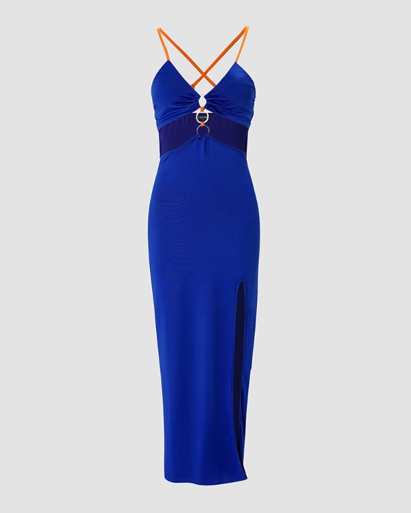 Chain Linked Cutout Halter High Slit Dress