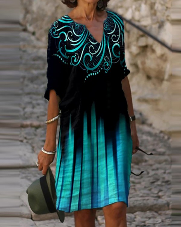 Colorblock Half Sleeve Casual Dress Shift Dress Knee Length Dress