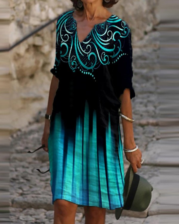 Colorblock Half Sleeve Casual Dress Shift Dress Knee Length Dress