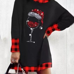 Christmas Wine Glass Plaid Print Casual Dress