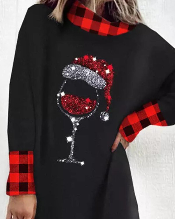 Christmas Wine Glass Plaid Print Casual Dress