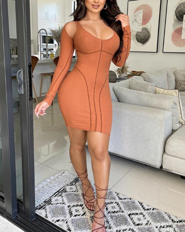 Cold Shoulder Contrast Stitch Bodycon Dress