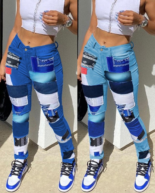 High Waist Paisley Pattern Patch Jeans
