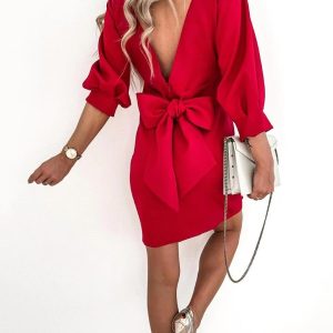 Bowknot Decor V-Back Chocolate Party Dress