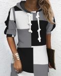 Geometric Print Hooded Long Sleeve Casual Dress