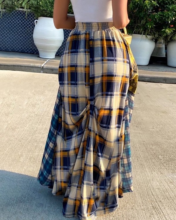 Plaid Colorblock Pleated Maxi Skirt