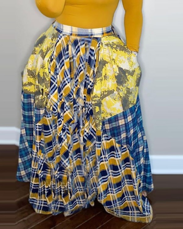 Plaid Colorblock Pleated Maxi Skirt