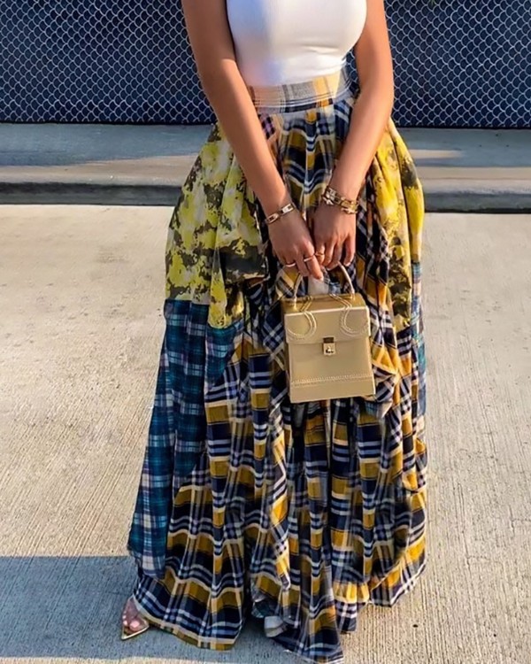 Plaid Colorblock Pleated Maxi Skirt