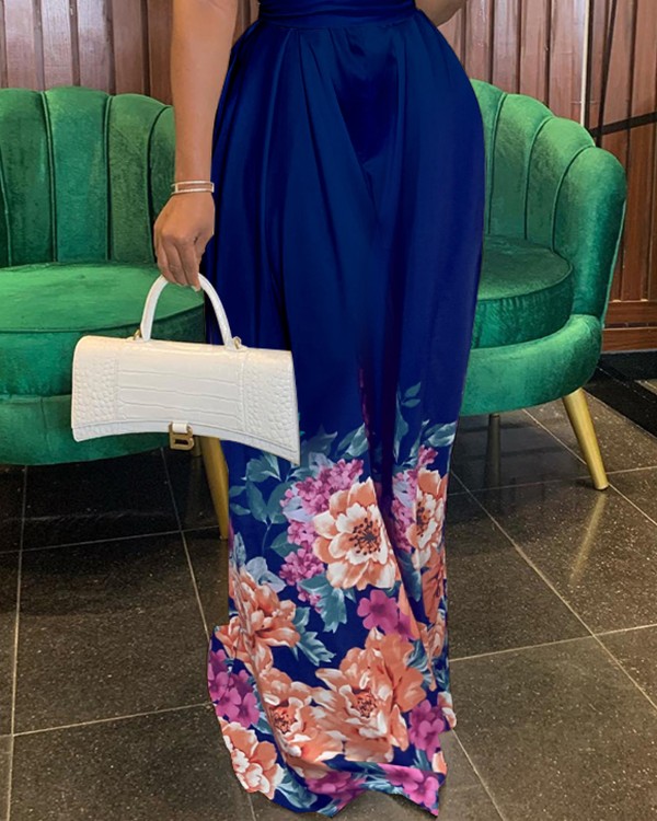 Floral Print Wide Leg Mock Neck Satin Jumpsuit