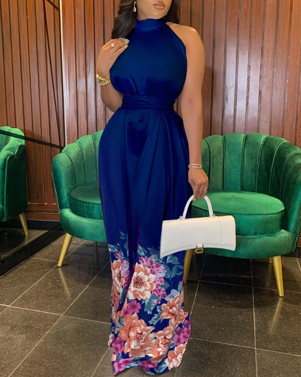 Floral Print Wide Leg Mock Neck Satin Jumpsuit