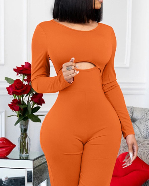 Cutout Front Long Sleeve Jumpsuit