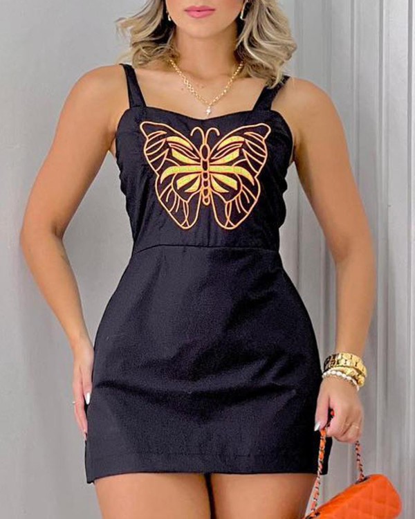 Butterfly Embroidery Sleeveless Casual Dress