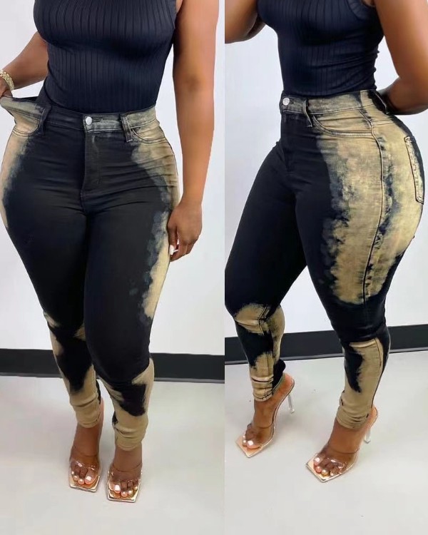 High Waist Colorblock Pocket Design Jeans