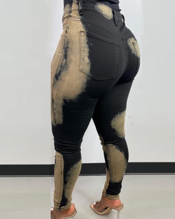 High Waist Colorblock Pocket Design Jeans